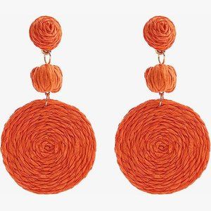 Big Orange Rattan Earrings Wicker Bold Statement Raffia Dangle 80s 90s Retro New